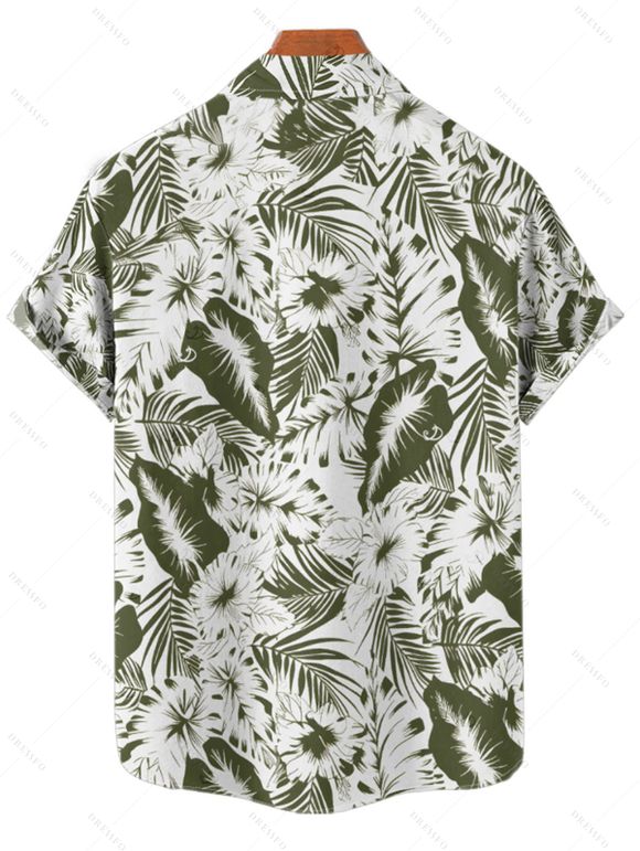 Vacation Couple Outfit Tropical Leaf Flower Pattern Ruched Bust Belt Sweetheart Neck A Line Mini Dress and Button Up Shirt Beach Matching Outfit - Vert profond S | US 4