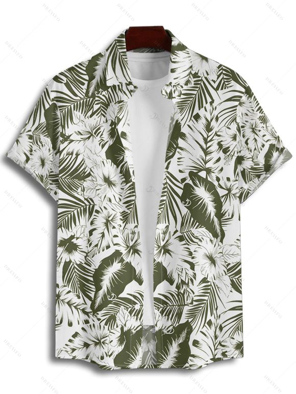 Vacation Couple Outfit Tropical Leaf Flower Pattern Ruched Bust Belt Sweetheart Neck A Line Mini Dress and Button Up Shirt Beach Matching Outfit - Vert profond S | US 4
