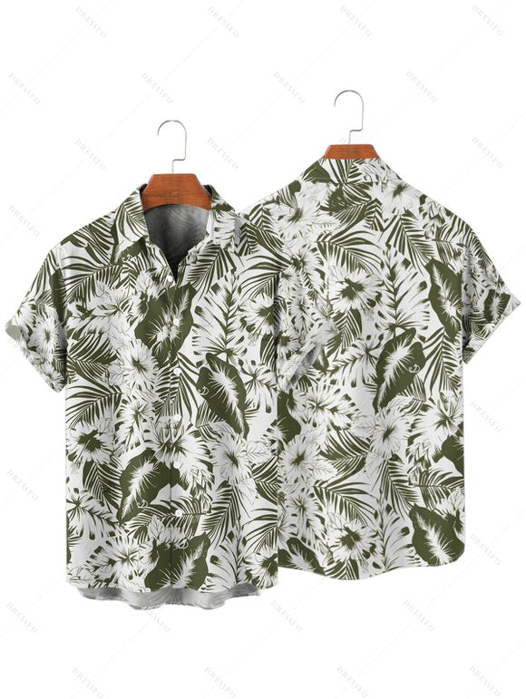 Vacation Couple Outfit Tropical Leaf Flower Pattern Ruched Bust Belt Sweetheart Neck A Line Mini Dress and Button Up Shirt Beach Matching Outfit - Vert profond S | US 4