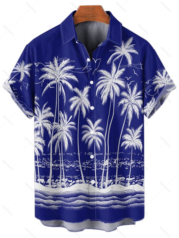Chemise de plage à manches courtes et boutons pour homme, motif cocotier et mer - Bleu profond 5XL