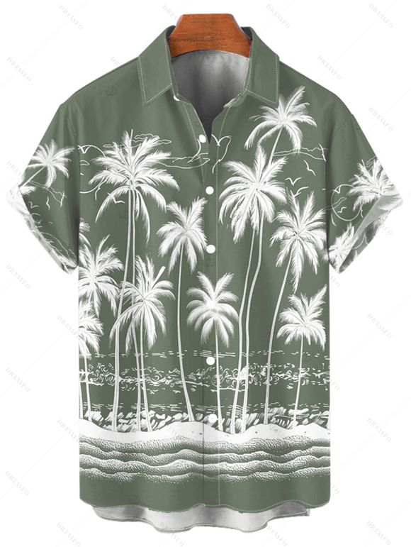Chemise de plage à manches courtes et boutons pour homme, motif cocotier et mer - Vert clair 5XL