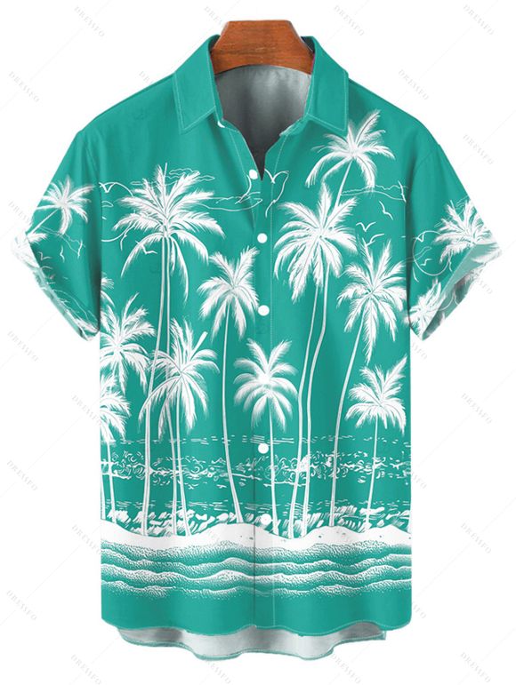 Chemise de plage à manches courtes et boutons pour homme, motif cocotier et mer - Vert 5XL