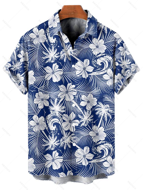 Chemise de plage à motif floral et feuilles pour homme, boutonnée, retroussée, manches courtes, idéale pour les vacances - Vert clair 5XL