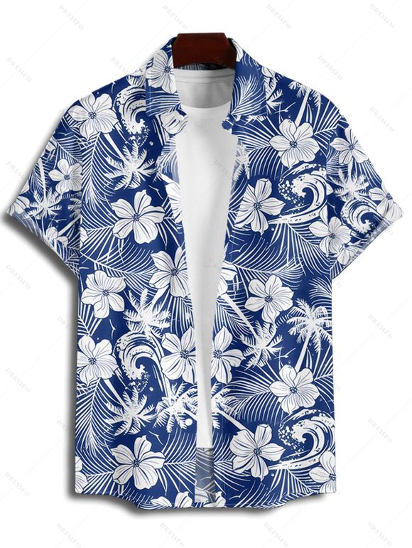 Chemise de plage à motif floral et feuilles pour homme, boutonnée, retroussée, manches courtes, idéale pour les vacances - Vert clair 3XL