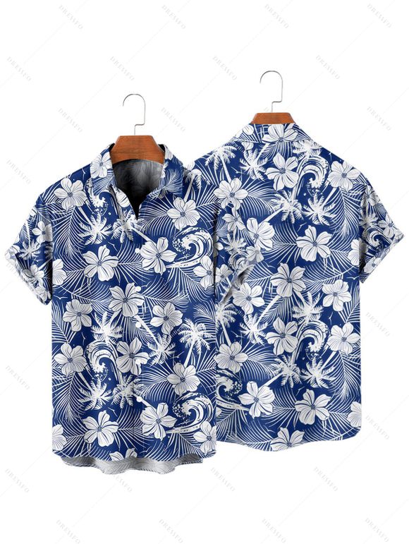 Chemise de plage à motif floral et feuilles pour homme, boutonnée, retroussée, manches courtes, idéale pour les vacances - Vert clair 3XL