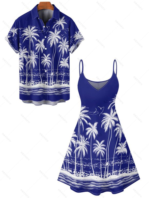 Vacation Couple Outfit Coconut Tree Sea Pattern Spaghetti Strap V Neck A Line Mini Tank Dress and Button Up Shirt Beach Matching Outfit - Bleu profond S | US 4