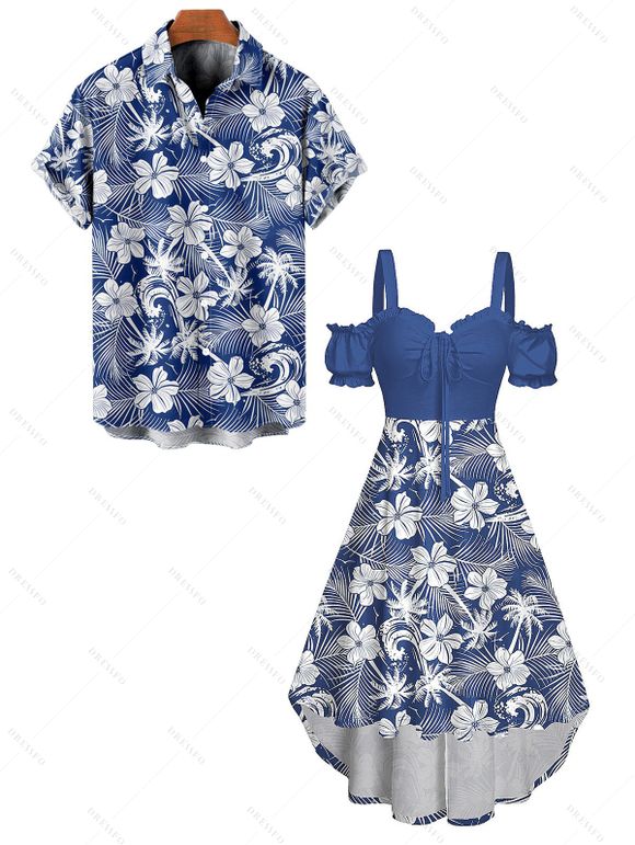 Vacation Couple Outfit Floral Leaf Pattern Ruffle Cinched Off the Shoulder Ruched Bust High Low Dress and Button Up Shirt Beach Matching Outfit - Vert clair S | US 4