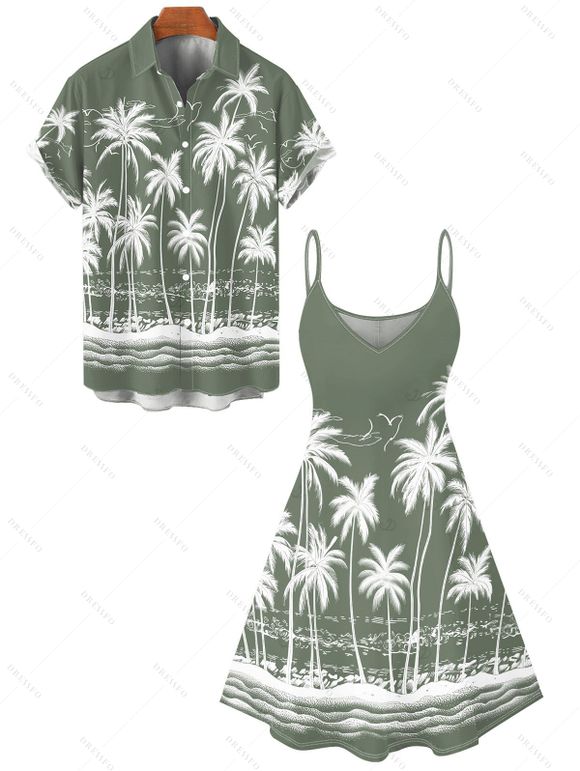 Vacation Couple Outfit Coconut Tree Sea Pattern Spaghetti Strap V Neck A Line Mini Tank Dress and Button Up Shirt Beach Matching Outfit - Vert clair S | US 4