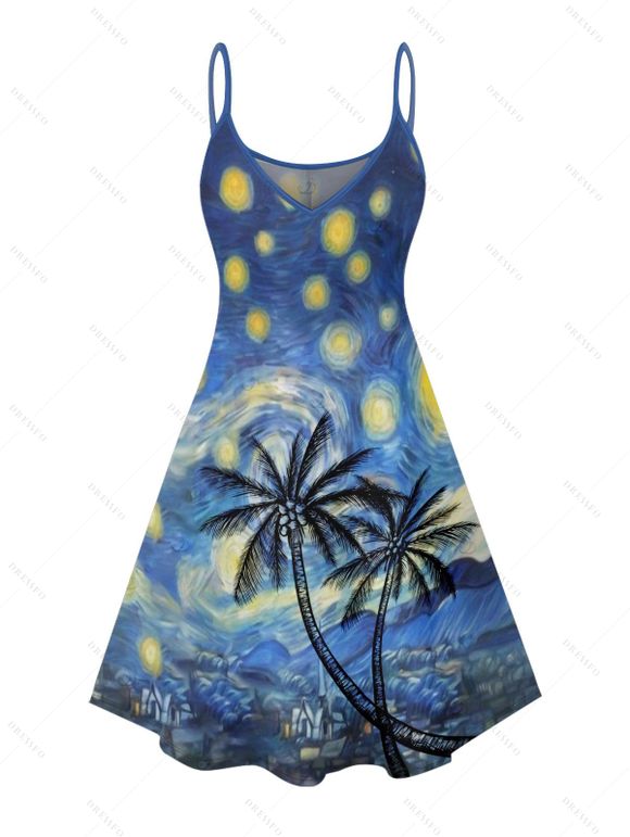 Robe de vacances à motif de peinture artistique de cocotier, bretelles spaghetti, col en V, coupe trapèze, mini, décontractée - Bleu profond XXXXXL | US 20