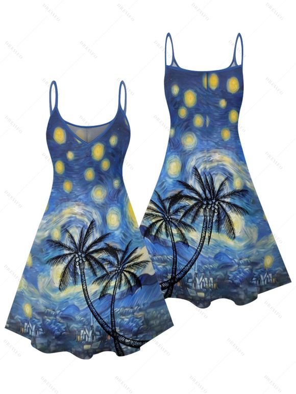 Robe de vacances à motif de peinture artistique de cocotier, bretelles spaghetti, col en V, coupe trapèze, mini, décontractée - Bleu profond L | US 8-10