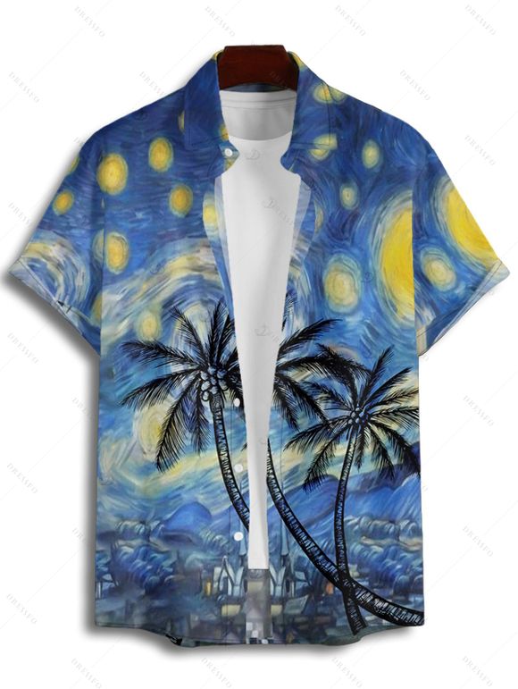 Chemise de vacances pour homme, motif cocotier, boutonnée, retroussée, manches courtes, décontractée - Bleu profond 4XL