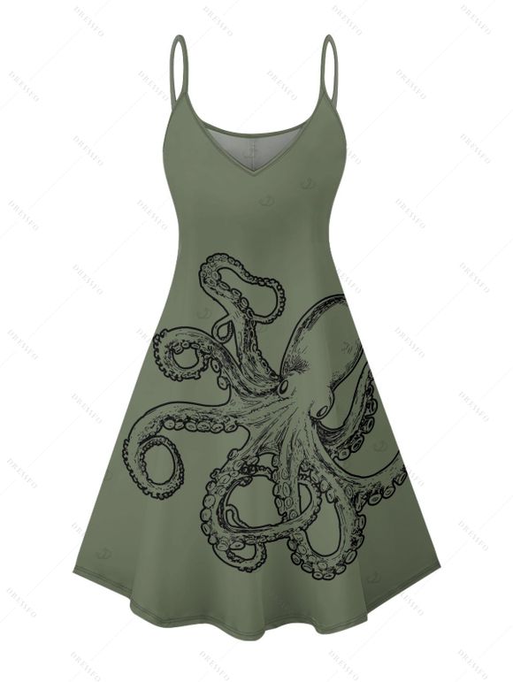 Robe de vacances à imprimé vie marine et motif poulpe, bretelles spaghetti, col en V, coupe trapèze, mini-robe de plage - Vert profond XXXXXL | US 20