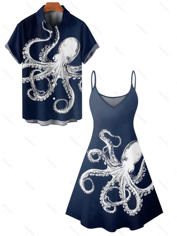 Vacation Couple Outfit Octopus Pattern Marine Life Print Spaghetti Strap Tank Dress and Button Up Shirt Beach Matching Outfit - Bleu de Minuit S | US 4