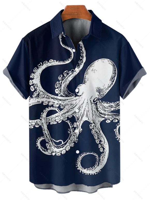 Vacation Couple Outfit Octopus Pattern Marine Life Print Spaghetti Strap Tank Dress and Button Up Shirt Beach Matching Outfit - Bleu de Minuit S | US 4