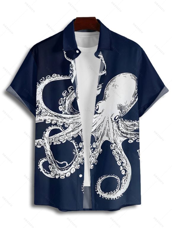 Vacation Couple Outfit Octopus Pattern Marine Life Print Spaghetti Strap Tank Dress and Button Up Shirt Beach Matching Outfit - Bleu de Minuit S | US 4