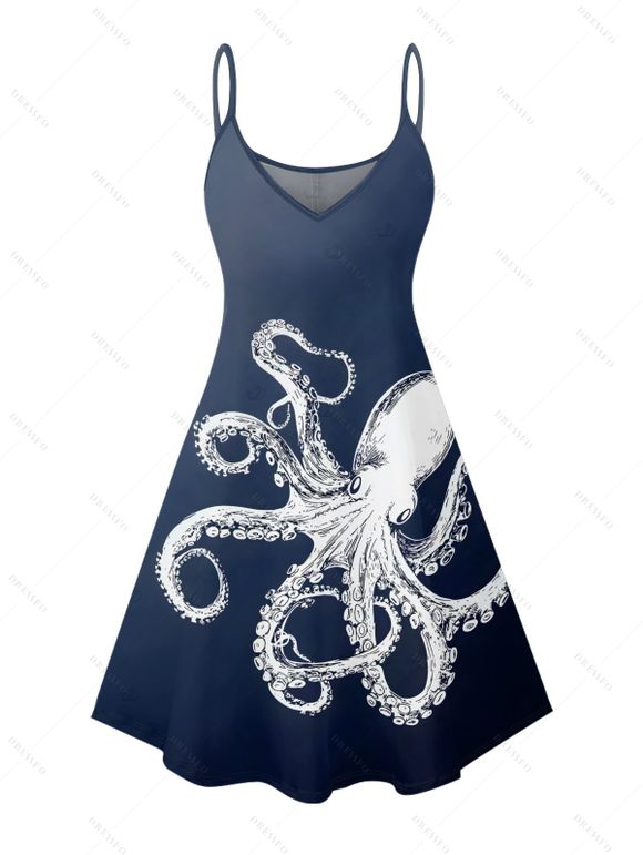 Robe de vacances à imprimé vie marine et motif poulpe, bretelles spaghetti, col en V, coupe trapèze, mini-robe de plage - Bleu de Minuit S | US 4