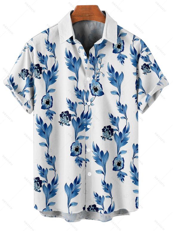 Chemise de plage à manches courtes et boutons pour homme, motif floral et feuilles, idéale pour les vacances - Bleu 5XL