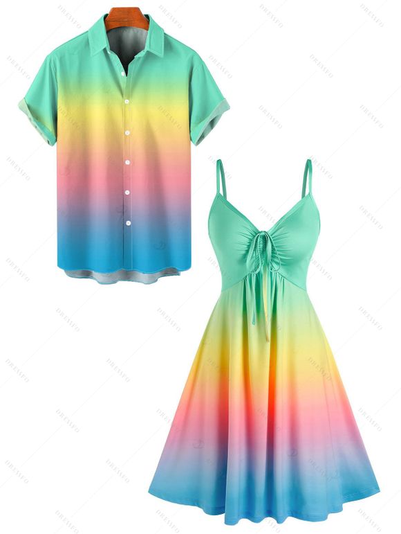 Vacation Couple Outfit Ombre Rainbow Color A Line Cinched Tie Ruched Bust Slip Dress and Button Up Shirt Matching Outfit - multicolor A S | US 4