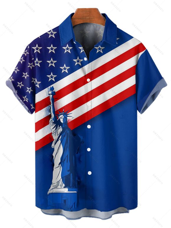 Chemise à rayures pour homme, motif étoile de la Statue de la Liberté, motif patriotique, boutonnée, retroussée, à manches courtes, pour le jour de l'indépendance - Bleu 5XL