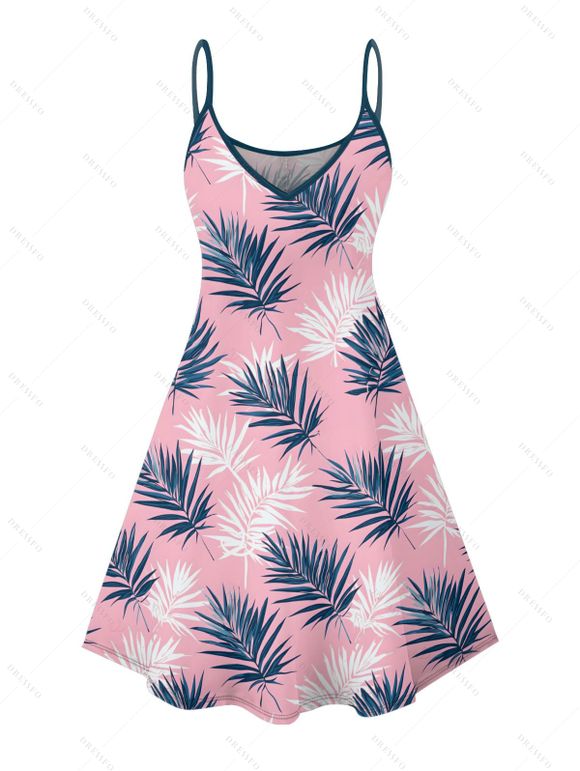 Robe de vacances à motif de feuilles et de plantes, bretelles spaghetti, col en V, coupe trapèze, mini-robe de plage - Rose clair XXXXXL | US 20