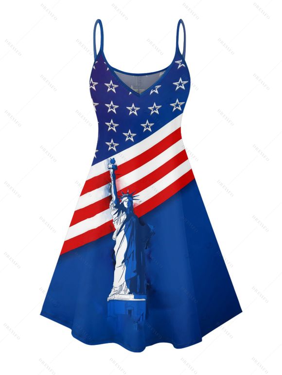 Robe de fête de l'indépendance à rayures étoilées et à bretelles spaghetti, col en V, coupe trapèze, mini-robe débardeur patriotique - Bleu XXXXXL | US 20