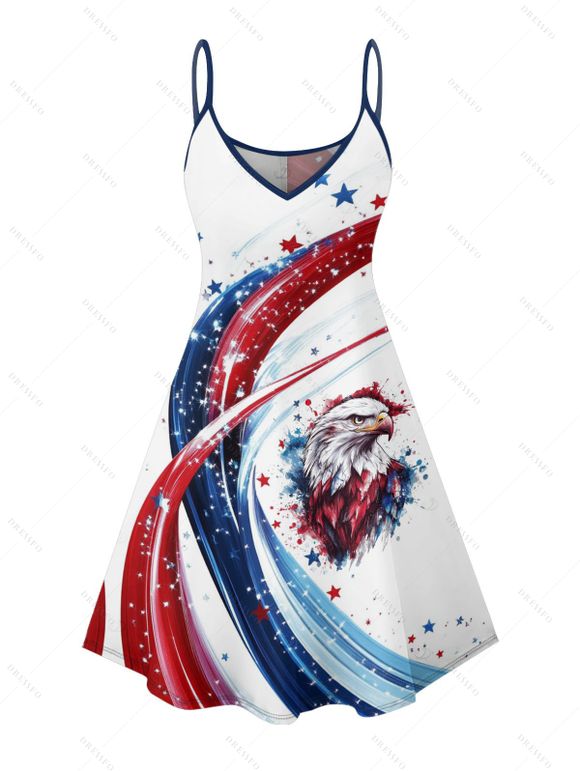 Robe de fête de l'indépendance à motif d'éléments du drapeau américain, bretelles spaghetti, col en V, coupe trapèze, mini-robe débardeur patriotique - multicolor XXXXXL | US 20
