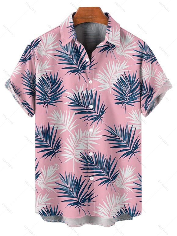 Chemise de vacances à motif de feuilles pour homme, boutonnée, retroussée, manches courtes, pour la plage - Rose clair 5XL