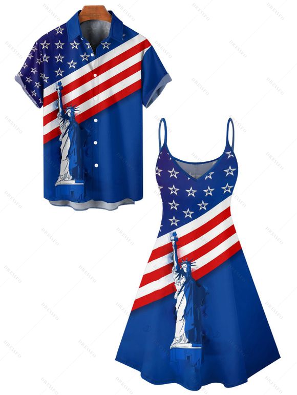 Independence Day Couple Outfit Statue of Liberty Star Striped Pattern Spaghetti Strap Tank Dress and Button Up Shirt Patriotic Matching Outfit - Bleu S | US 4