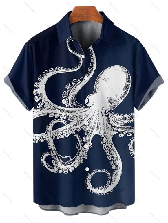 Chemise de vacances à imprimé pieuvre pour homme, décontractée, boutonnée, à manches courtes et à revers - Bleu de Minuit 5XL