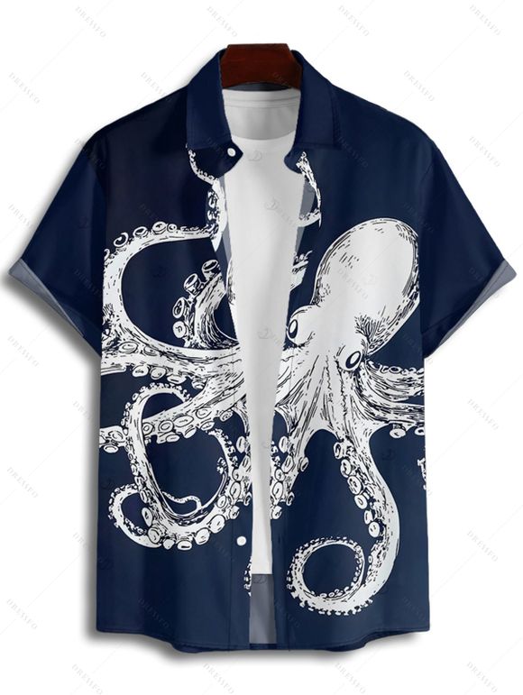Chemise de vacances à imprimé pieuvre pour homme, décontractée, boutonnée, à manches courtes et à revers - Bleu de Minuit 4XL