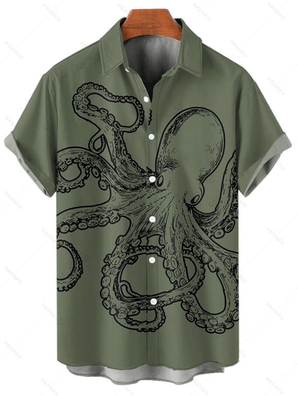 Chemise de vacances à imprimé pieuvre pour homme, décontractée, boutonnée, à manches courtes et à revers - Vert profond 5XL