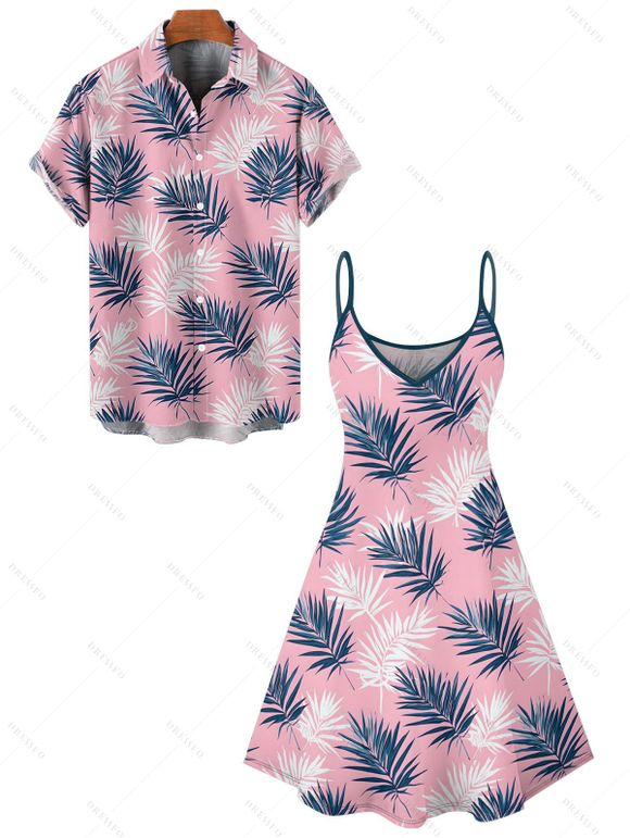 Vacation Couple Outfit Leaf Plant Pattern Spaghetti Strap V Neck A Line Mini Tank Dress and Button Up Shirt Beach Matching Outfit - Rose clair S | US 4