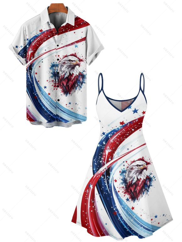 Independence Day Couple Outfit Eagle American Flag Elements Pattern Spaghetti Strap Tank Dress and Button Up Shirt Patriotic Matching Outfit - multicolor S | US 4