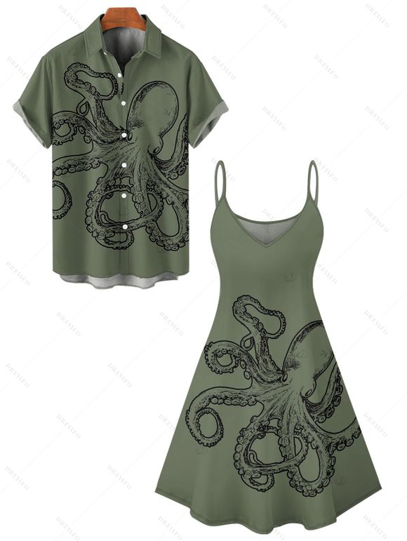 Vacation Couple Outfit Octopus Pattern Marine Life Print Spaghetti Strap Tank Dress and Button Up Shirt Beach Matching Outfit - Vert profond S | US 4