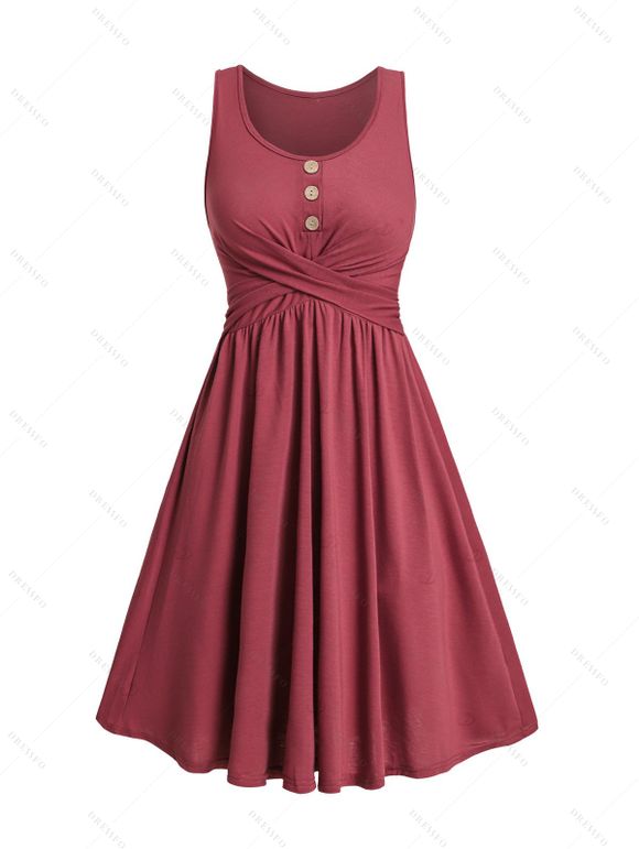 Robe croisée unie à boutons factices, taille haute, sans manches, coupe trapèze, mini, décontractée - Rouge foncé XXL | US 14