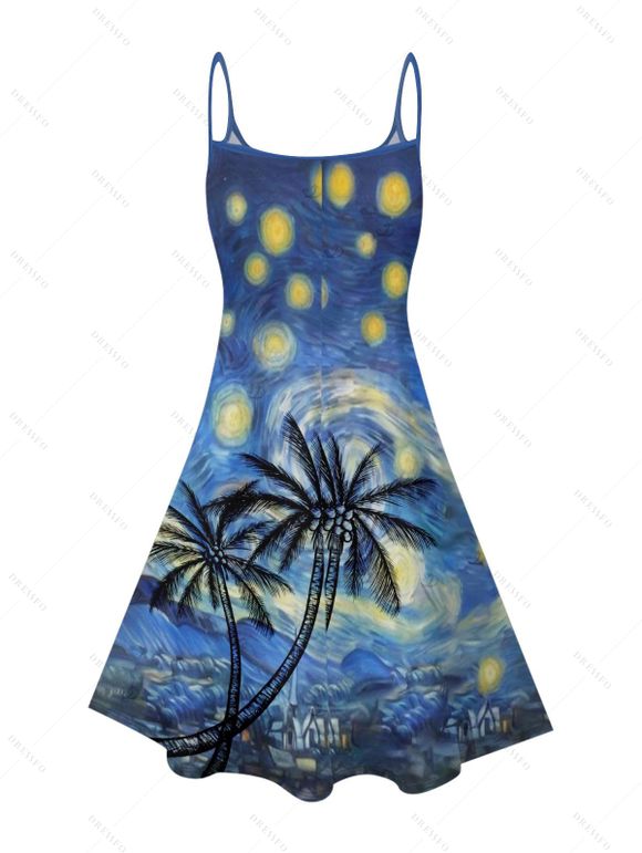 Vacation Couple Outfit Coconut Tree Art Painting Pattern Spaghetti Strap V Neck A Line Mini Tank Dress and Button Up Shirt Casual Matching Outfit - Bleu S | US 4