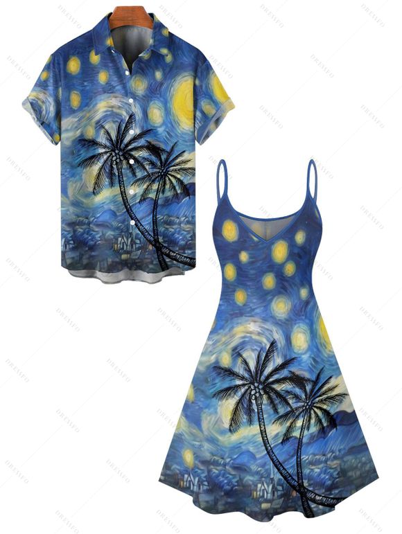 Vacation Couple Outfit Coconut Tree Art Painting Pattern Spaghetti Strap V Neck A Line Mini Tank Dress and Button Up Shirt Casual Matching Outfit - Bleu S | US 4