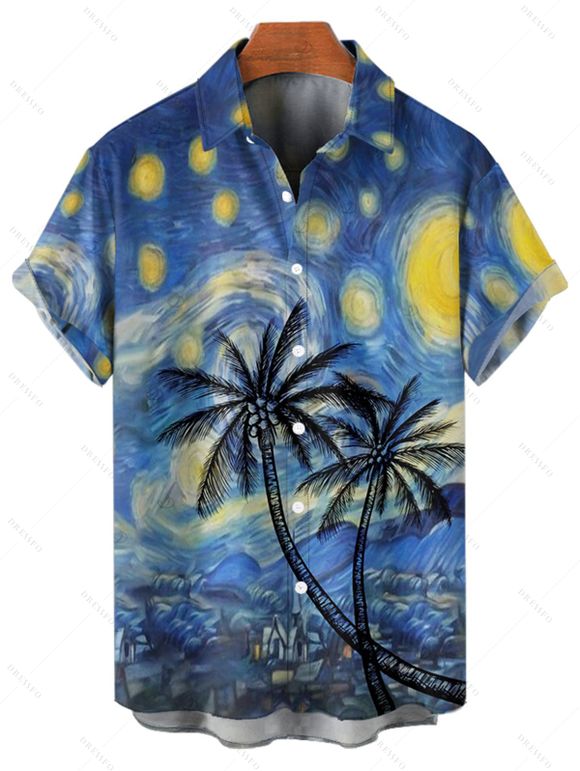 Vacation Couple Outfit Coconut Tree Art Painting Pattern Spaghetti Strap V Neck A Line Mini Tank Dress and Button Up Shirt Casual Matching Outfit - Bleu S | US 4
