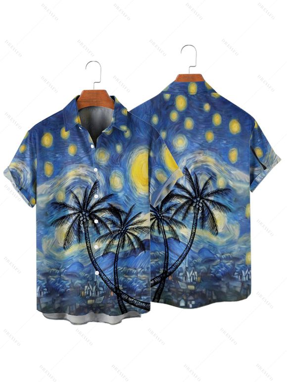 Vacation Couple Outfit Coconut Tree Art Painting Pattern Spaghetti Strap V Neck A Line Mini Tank Dress and Button Up Shirt Casual Matching Outfit - Bleu S | US 4