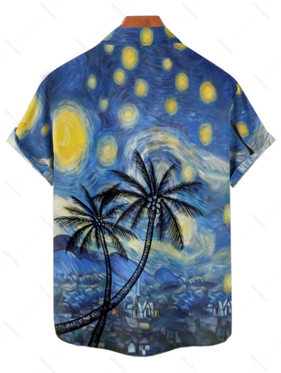 Vacation Couple Outfit Coconut Tree Art Painting Pattern Spaghetti Strap V Neck A Line Mini Tank Dress and Button Up Shirt Casual Matching Outfit - Bleu S | US 4