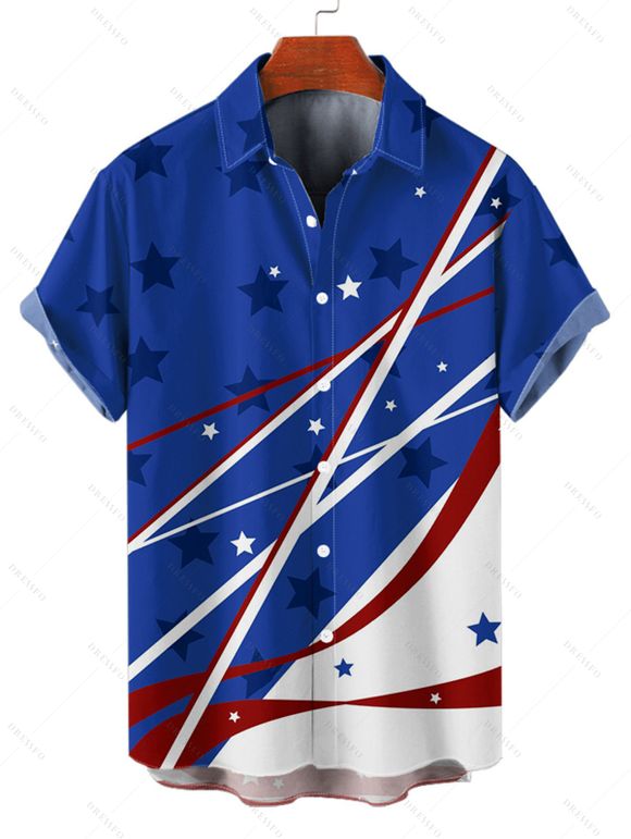 Chemise patriotique à manches courtes et boutons pour homme, motif drapeau américain, imprimé étoiles, pour le jour de l'indépendance - Bleu 5XL