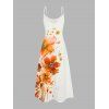 Watercolor Leaf Floral Print Spaghetti Strap Vacation Dress Pocket Long A Line Dress - DARK ORANGE L | US 8-10