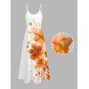Robe de vacances à bretelles spaghetti et imprimé floral à feuilles aquarelles, robe longue trapèze avec poches - Orange Foncé XXL | US 14
