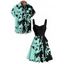 Vacation Couple Outfit Colorblock Leaf Pattern Ruched Bust Belt Dress and Roll Up Sleeve Shirt Casual Matching Outfit - Noir S | US 4
