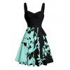 Vacation Couple Outfit Colorblock Leaf Pattern Ruched Bust Belt Dress and Roll Up Sleeve Shirt Casual Matching Outfit - Noir S | US 4