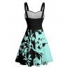 Vacation Couple Outfit Colorblock Leaf Pattern Ruched Bust Belt Dress and Roll Up Sleeve Shirt Casual Matching Outfit - Noir S | US 4