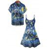 Vacation Couple Outfit Coconut Tree Art Painting Pattern Spaghetti Strap V Neck A Line Mini Tank Dress and Button Up Shirt Casual Matching Outfit - Bleu S | US 4
