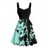 Robe de vacances à motif de feuilles colorblock, buste froncé, col en cœur, ceinture, robe trapèze mini décontractée - Vert L | US 8-10