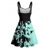 Robe de vacances à motif de feuilles colorblock, buste froncé, col en cœur, ceinture, robe trapèze mini décontractée - Vert M | US 6