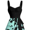 Robe de vacances à motif de feuilles colorblock, buste froncé, col en cœur, ceinture, robe trapèze mini décontractée - Vert M | US 6